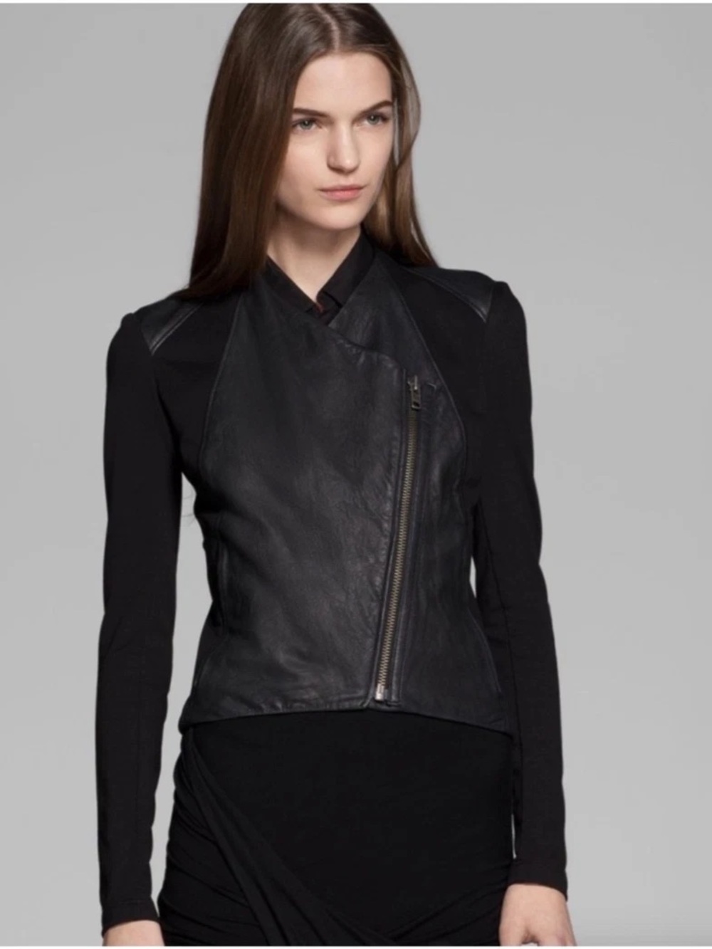 HELMUT LANG BLACK LAMBSKIN & JERSEY MOTO JACKET - S